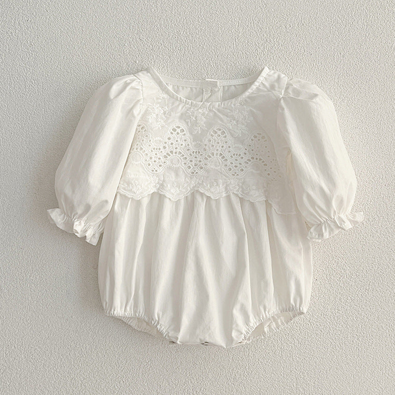 White and ivory lace trim baby girl bodysuit and sister matching floral dress set — view 5