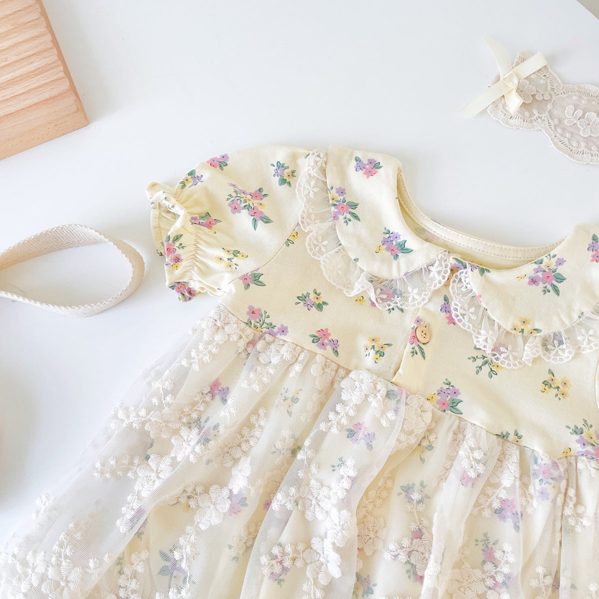 Baby girl floral bodysuit dress in apricot with delicate lace patchwork and vintage doll-neck collar — view 5