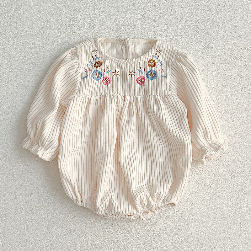 Floral embroidered baby dress in soft white cotton with long sleeves for little girls. — view 5