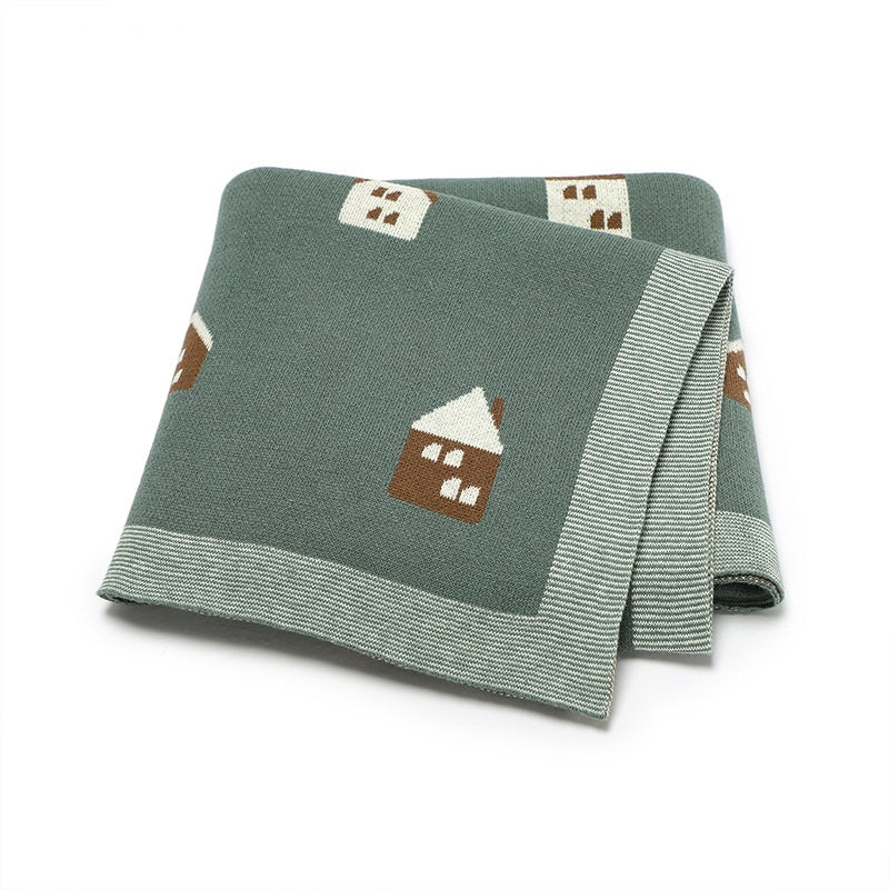 Soft cotton knitted baby blanket featuring a charming little house pattern for newborn nursery decor — view 4