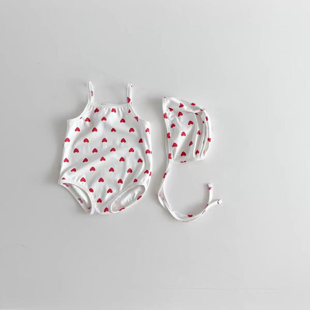 Girls hearts and cartoon swimwear set in white and apricot with matching quick dry sun hat — view 3