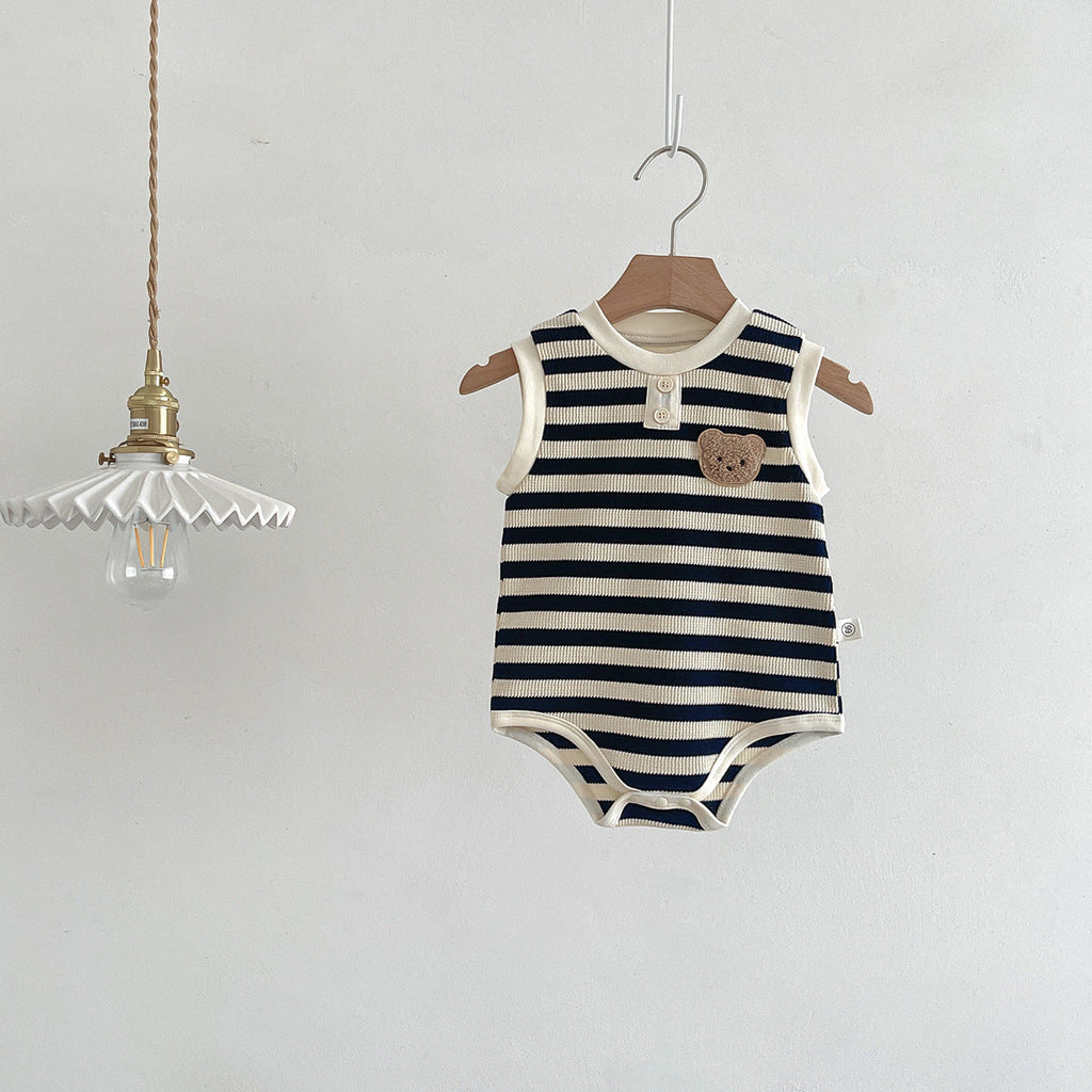 Unisex sleeveless baby bodysuit featuring a striped pattern and teddy bear motif in soft cotton. — view 2