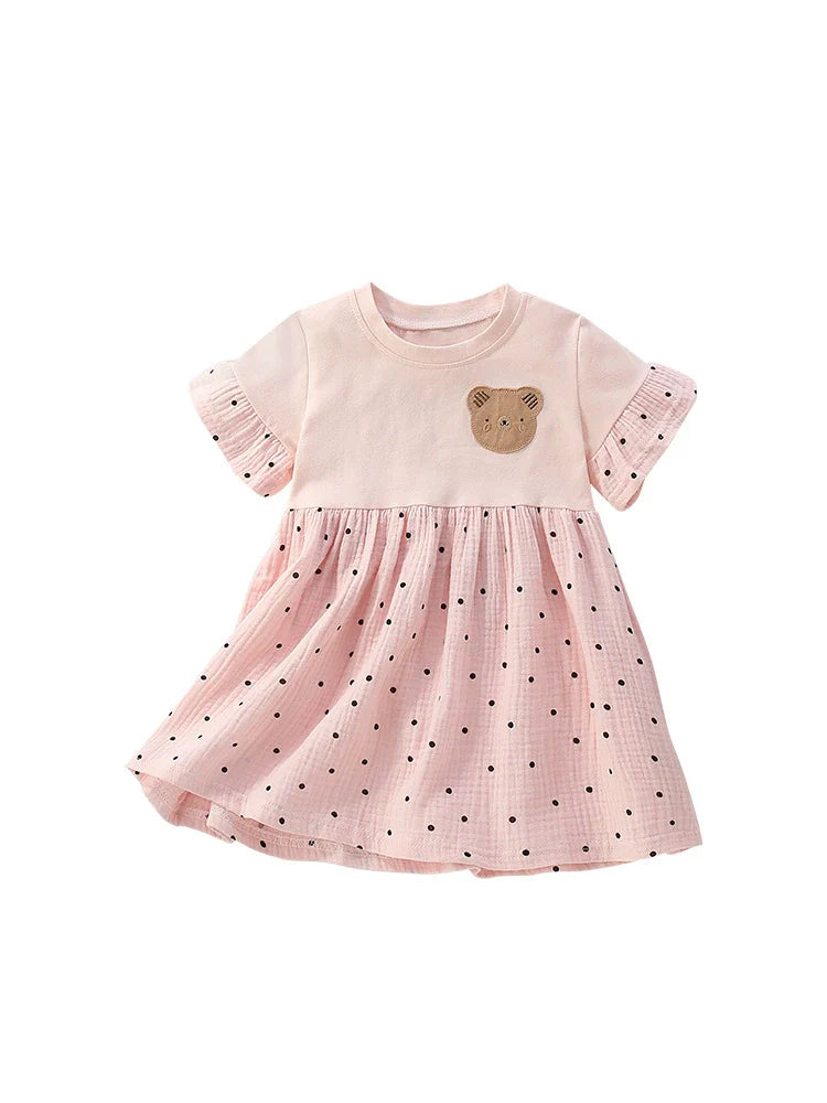 Pink girls summer dress featuring a charming teddy bear and polka dot pattern — view 5