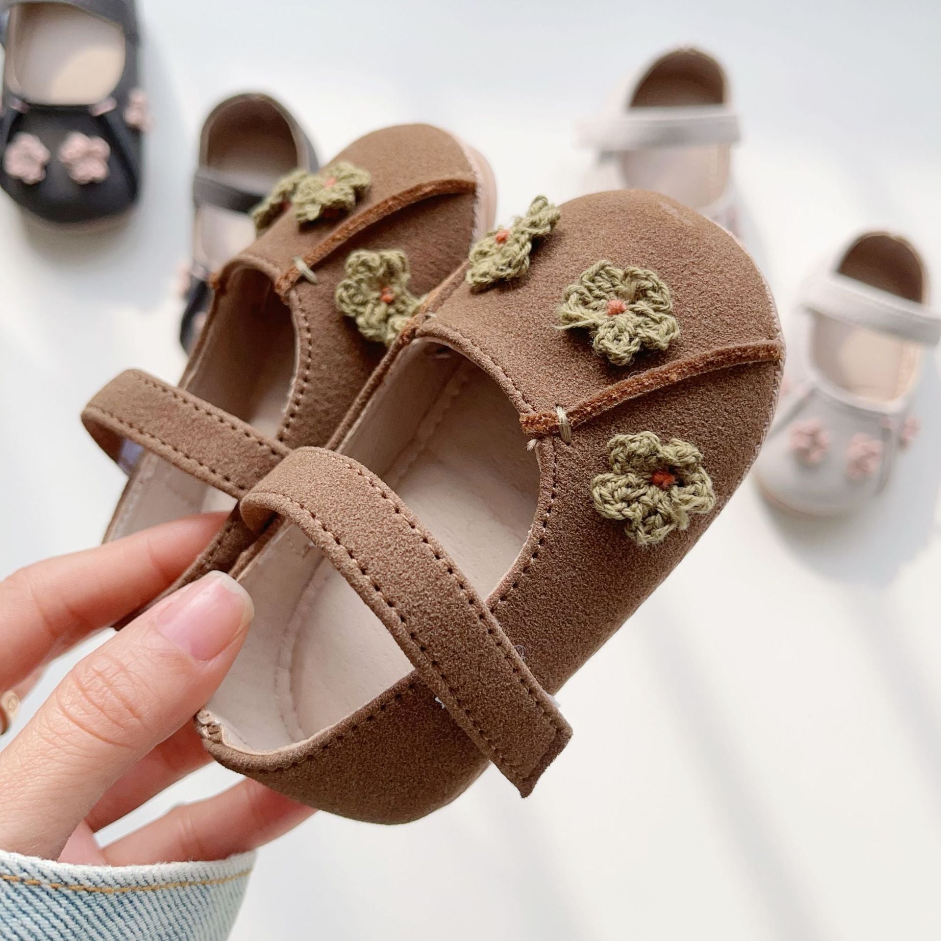 Soft-sole baby girl shoes with a floral pattern featuring anti-slip grips for early walking toddlers — view 4