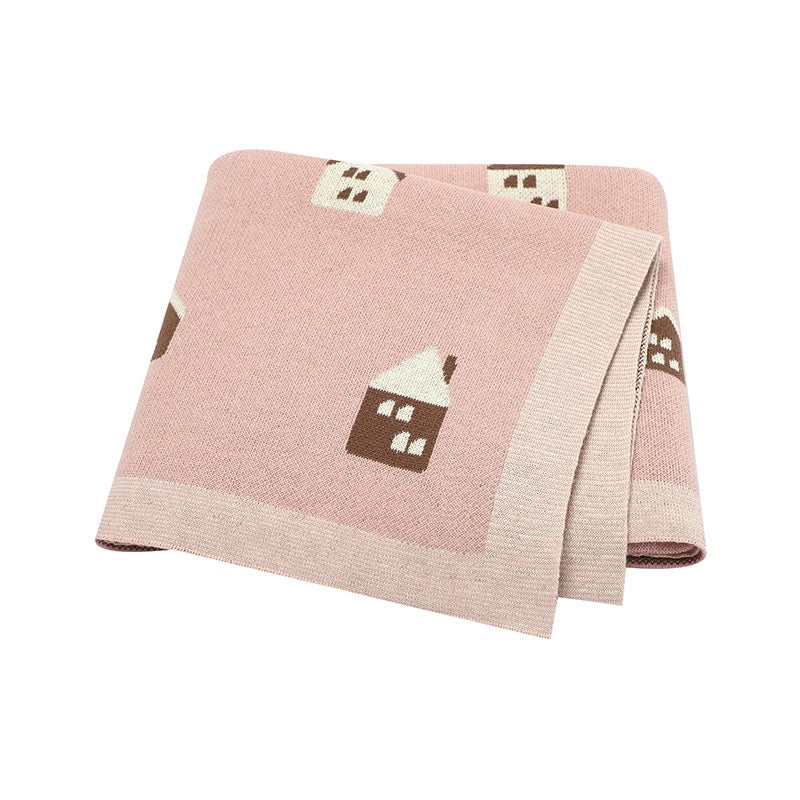 Soft cotton knitted baby blanket featuring a charming little house pattern for newborn nursery decor — view 5