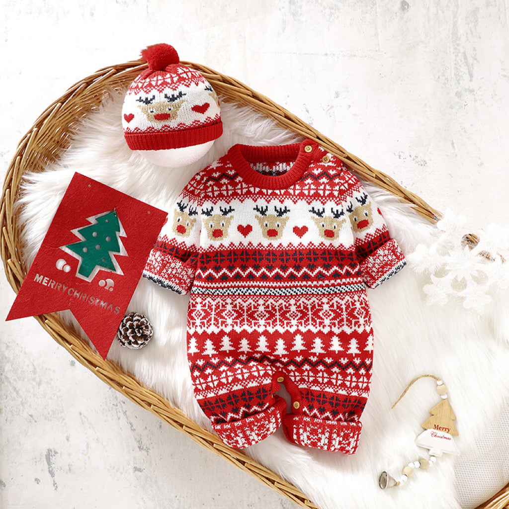 Red cotton baby Christmas pattern newborn romper with festive animal and geometric designs