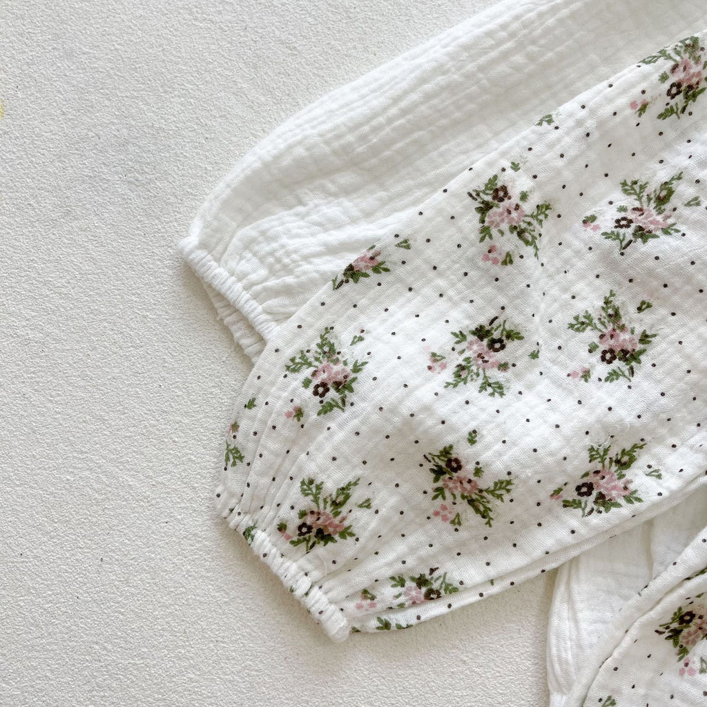 Baby girl floral print long sleeve cotton bodysuit with a vintage doll collar in pink — view 5
