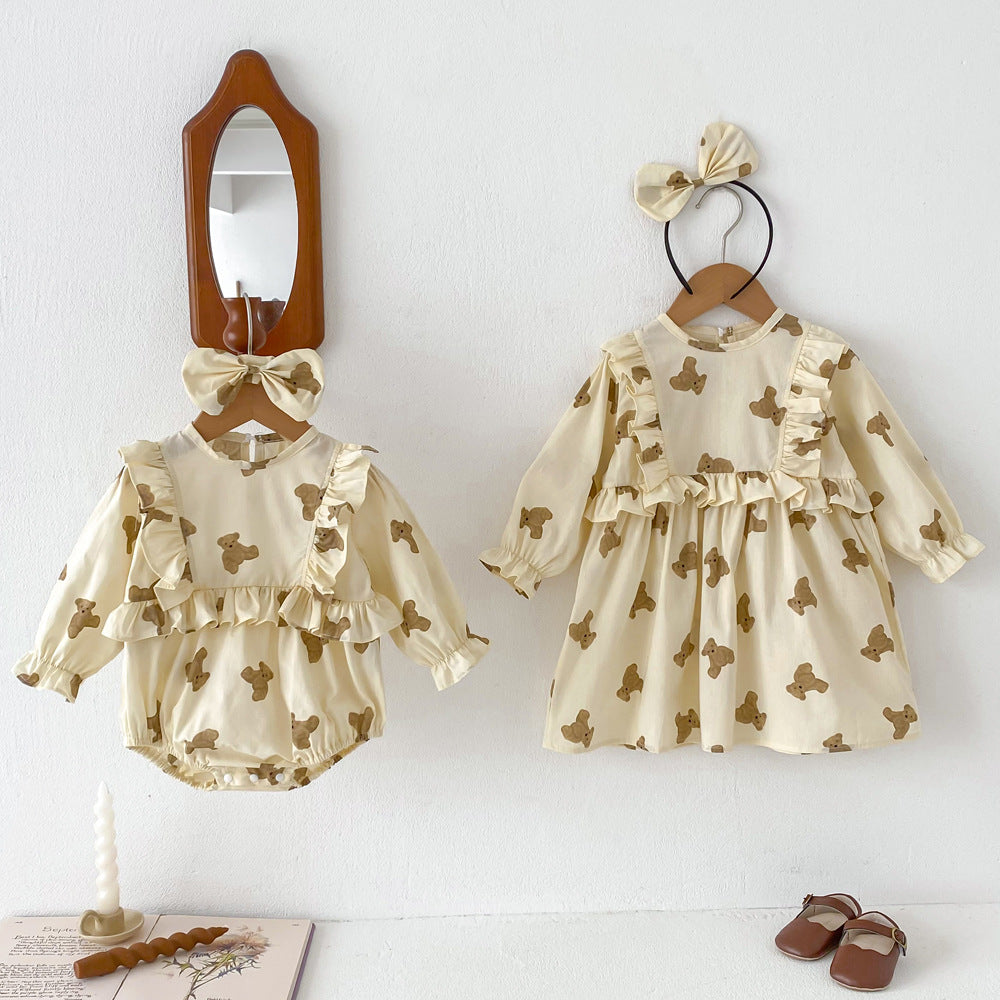 Autumn sister matching set featuring cotton teddy bear bodysuit and dress in beige and apricot tones — view 5