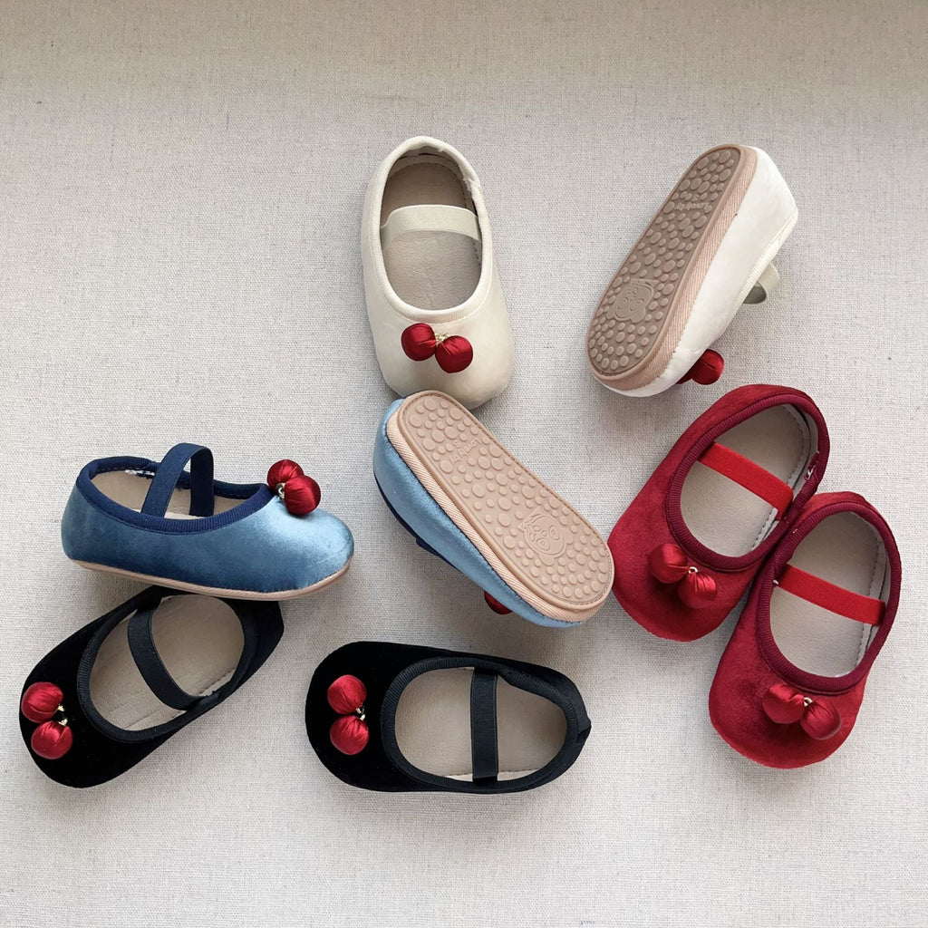 Baby girl vintage walking shoes with double cherry accents, polyurethane material, and soft anti-slip soles