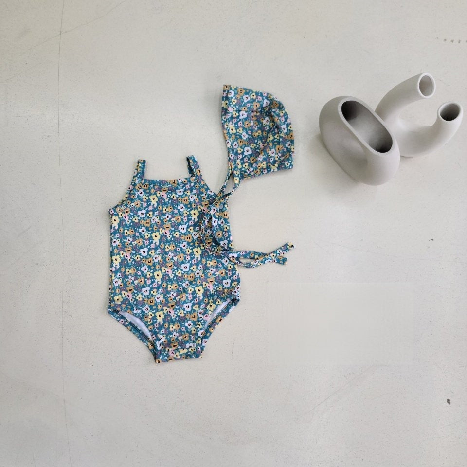 Girls two-piece plaid and floral swimwear set with matching sun hat for babies and toddlers — view 5