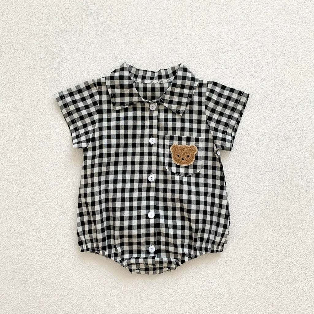 Baby boy plaid and teddy bear short sleeve cotton bodysuit with turn-down collar — view 2