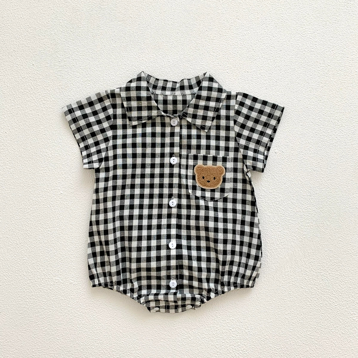 Baby boy plaid and teddy bear short sleeve cotton bodysuit with turn-down collar — view 2