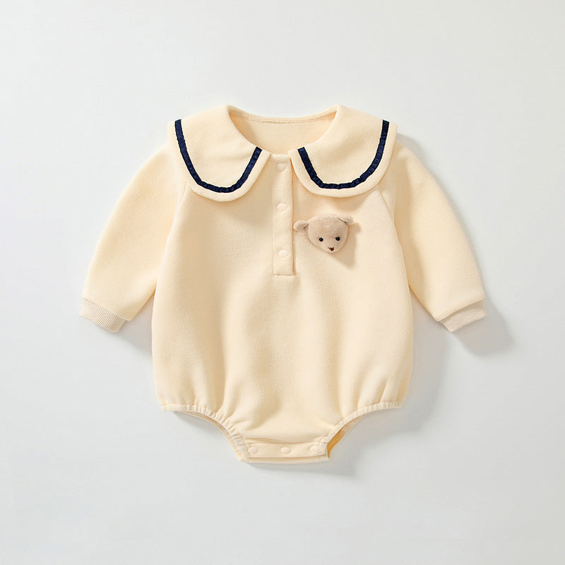 Apricot teddy bear baby bodysuit with classic collar in a soft cotton blend for autumn