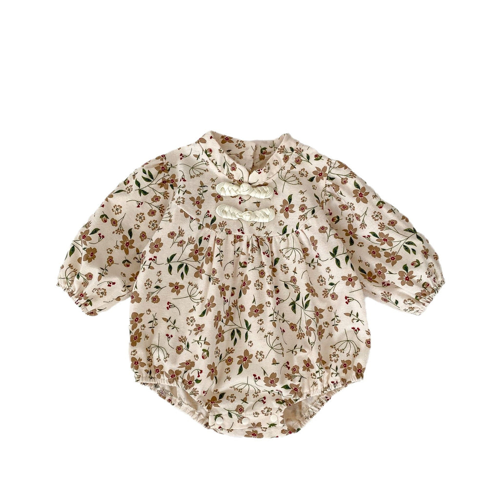 Brown long-sleeve cotton baby bodysuit with vibrant autumn floral pattern and traditional Chinese style details. — view 5