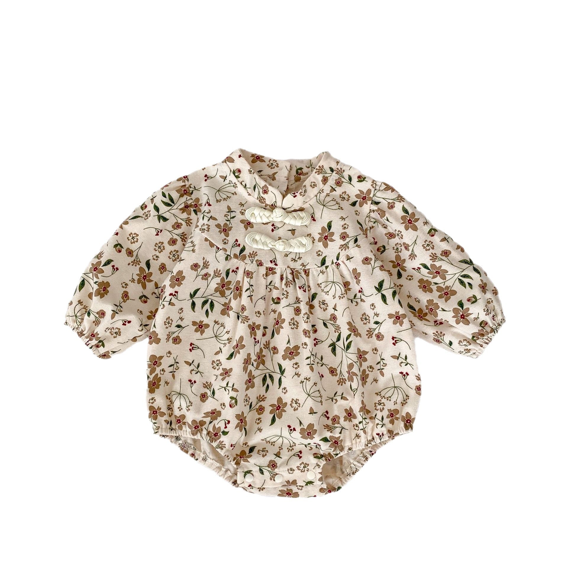 Brown long-sleeve cotton baby bodysuit with vibrant autumn floral pattern and traditional Chinese style details. — view 5