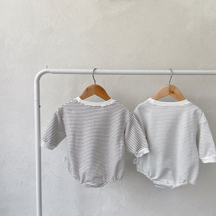 Baby girl striped pattern newborn bodysuit with a large front pocket in soft breathable cotton fabric — view 5