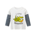 White long-sleeve boys shirt with I Love Reading text and colorful animal print details
