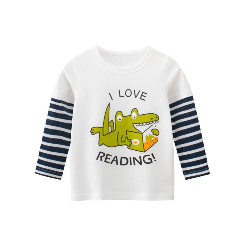 White long-sleeve boys shirt with I Love Reading text and colorful animal print details