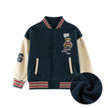 Blue unisex kids baseball jacket with teddy bear print, letter patches, and striped cuffs.