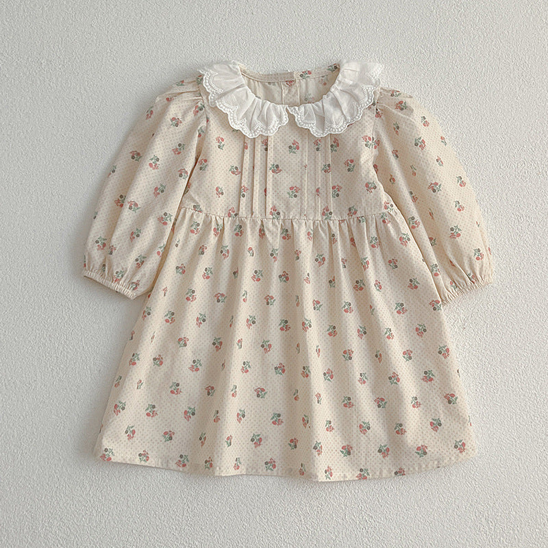 Floral baby doll collar dress set in pink and beige cotton blend for toddler — view 5