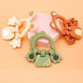 Silicone teddy bear baby teething sticks in green apricot and brown for gentle gum relief