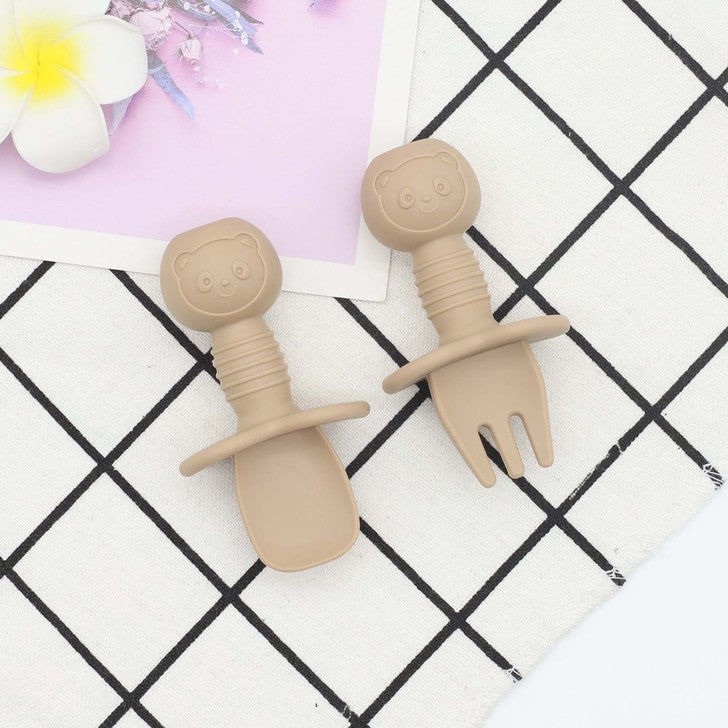Colorful baby bear silicone spoon and fork training set designed for infant and toddler self-feeding — view 3