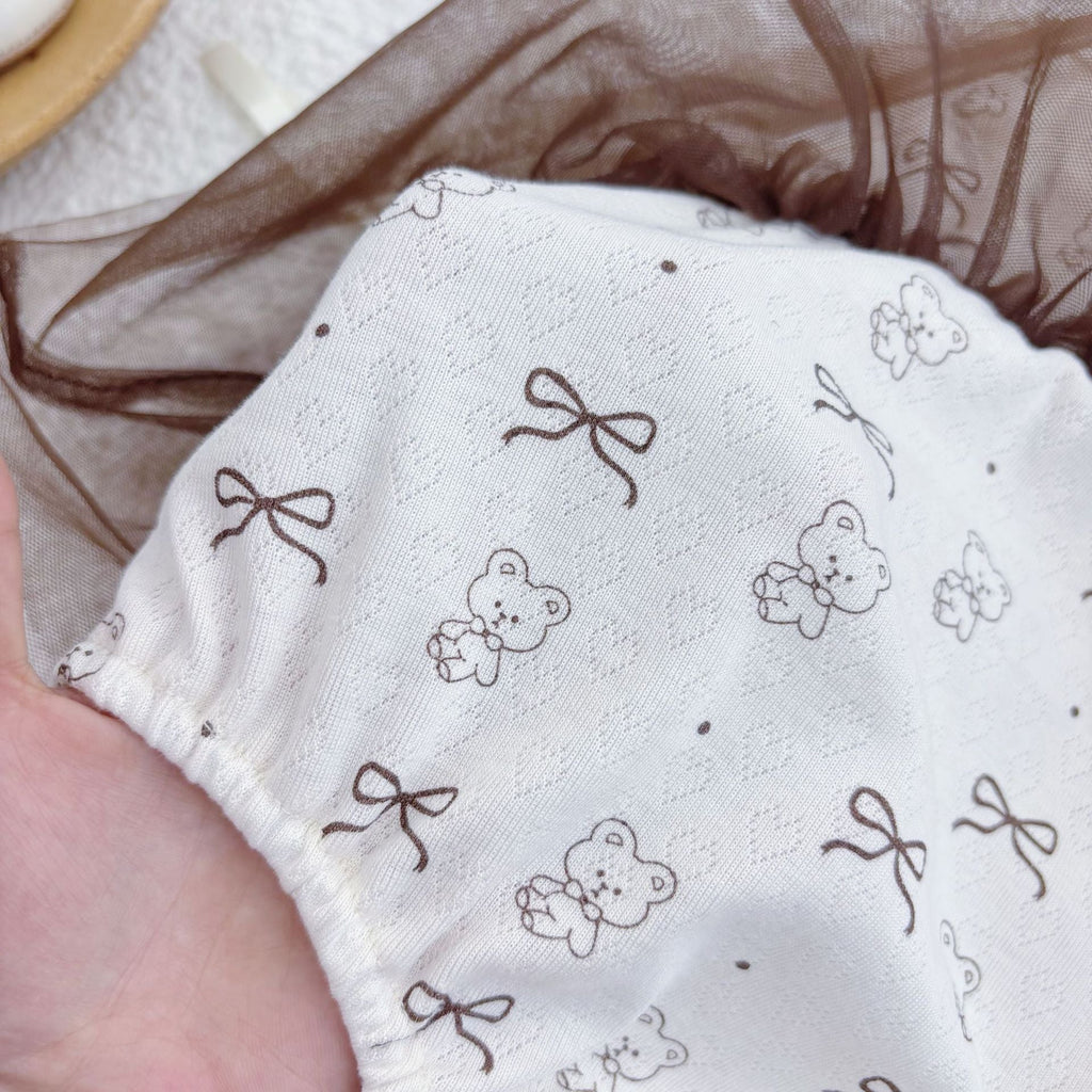 Beige sleeveless baby girl bodysuit featuring a cute teddy bear pattern in soft cotton blend — view 5