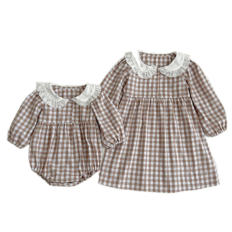 Plaid doll neck baby bodysuit in brown and white cotton with cozy long sleeves. — view 5