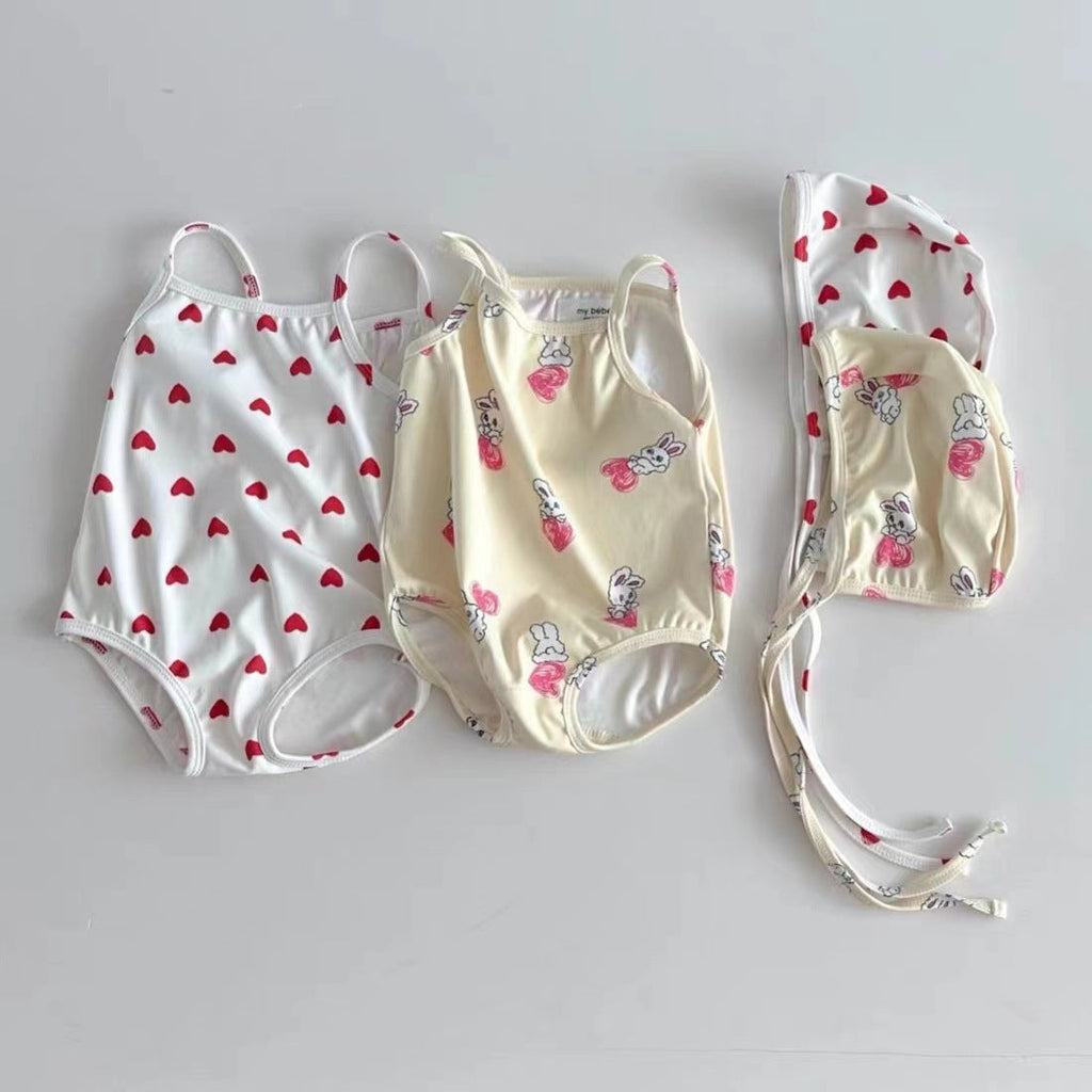 Girls hearts and cartoon swimwear set in white and apricot with matching quick dry sun hat