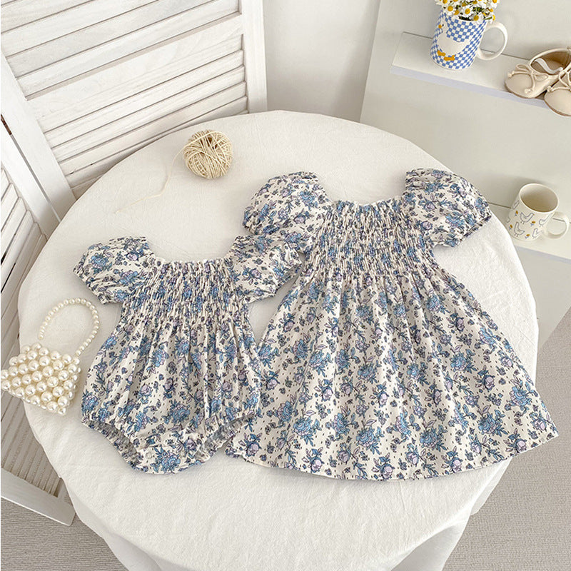Summer Baby Girls French-style Flowers Pattern Short-sleeved bodysuit and Dress – Princess Sister Matching