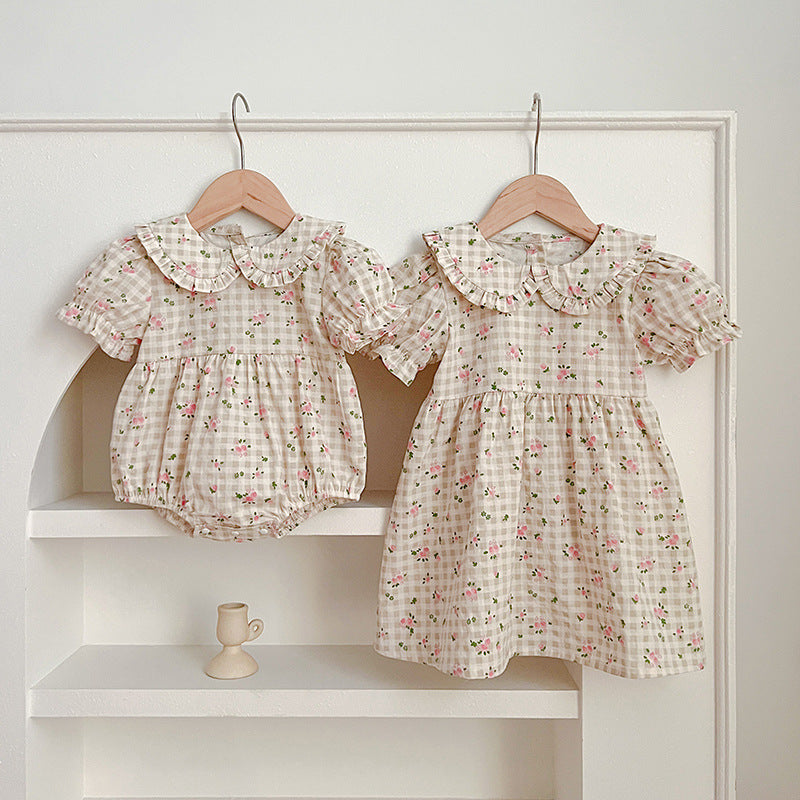 Summer Baby Kids Girls Floral Plaid bodysuit And Girls’ Dress – Princess Sister Matching Set