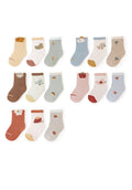 Unisex baby cartoon socks set in multiple pastel colors featuring a breathable stretch cotton blend