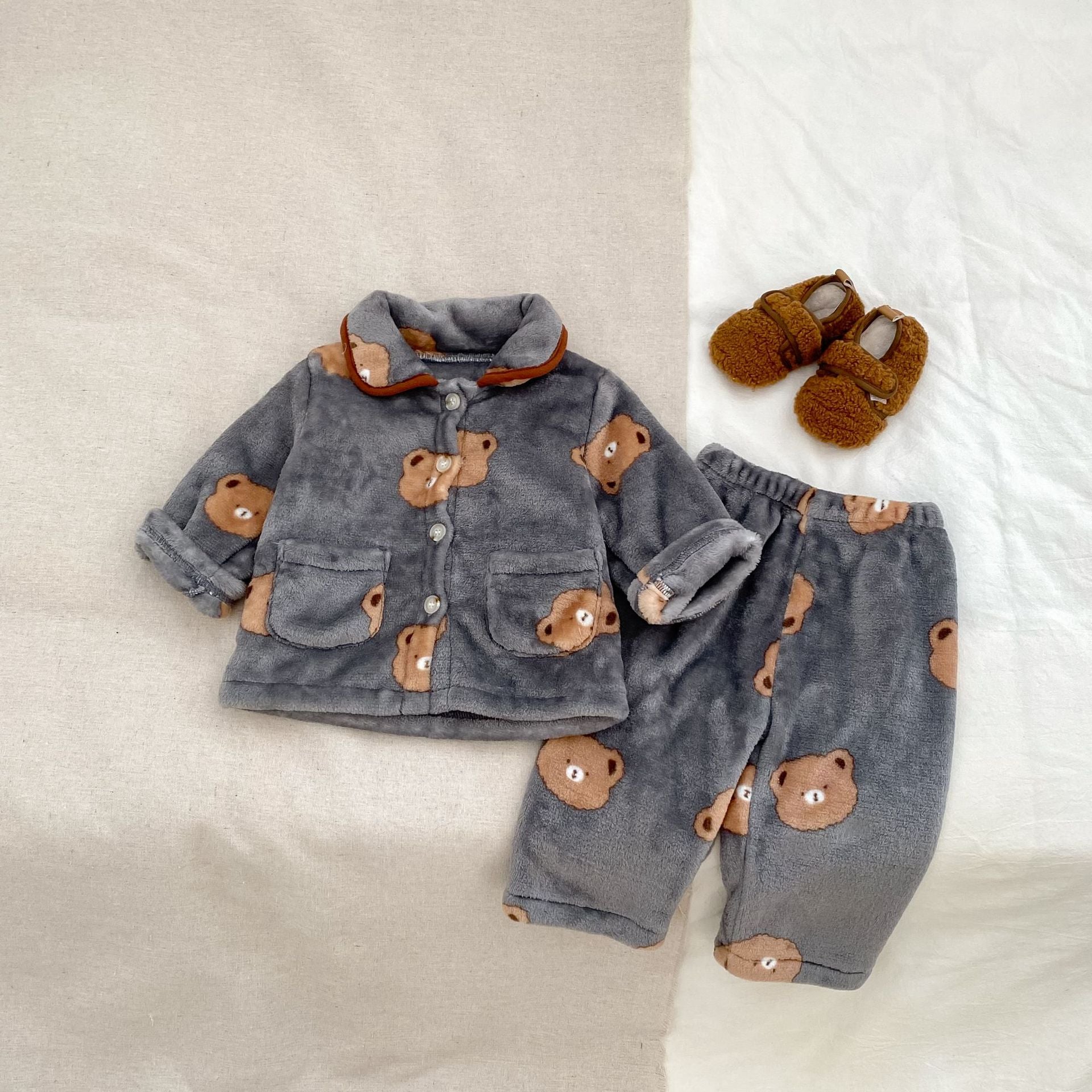 Fluffy warm boys winter pajama set with cute teddy bear pattern top and matching pants — view 2