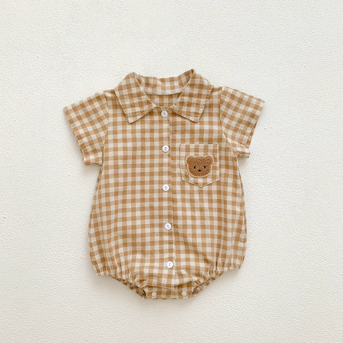 Baby boy plaid and teddy bear short sleeve cotton bodysuit with turn-down collar — view 3