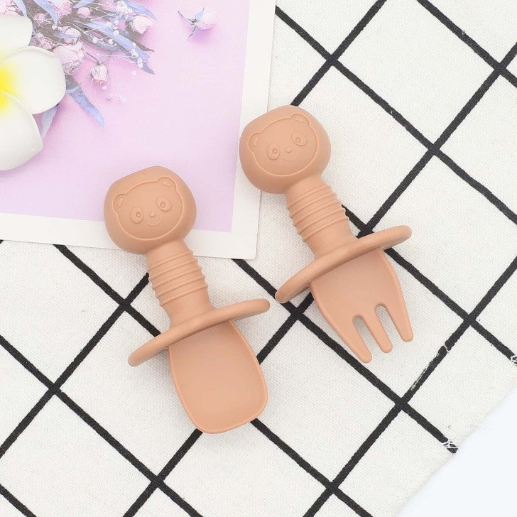 Colorful baby bear silicone spoon and fork training set designed for infant and toddler self-feeding — view 4