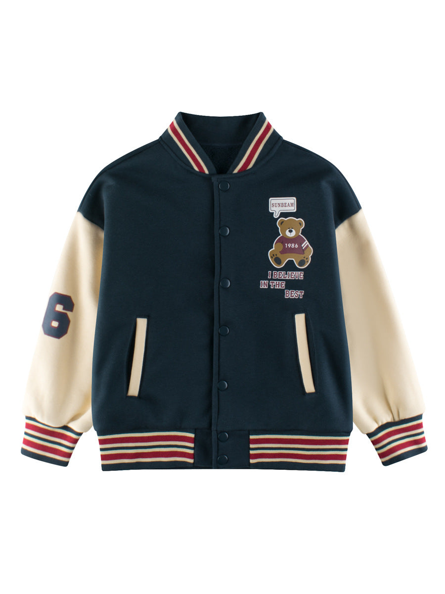 Blue unisex kids baseball jacket with teddy bear print, letter patches, and striped cuffs. — view 2