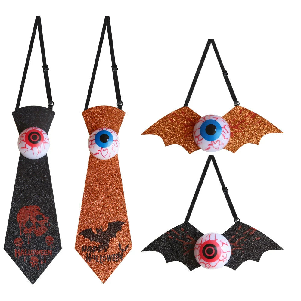 Kids glow-in-the-dark Halloween tie featuring spooky eyeball and bat patterns on dark fabric