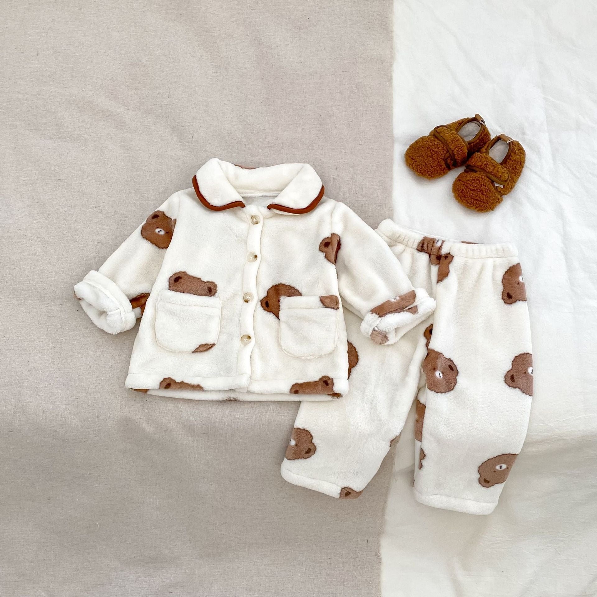 Fluffy warm boys winter pajama set with cute teddy bear pattern top and matching pants