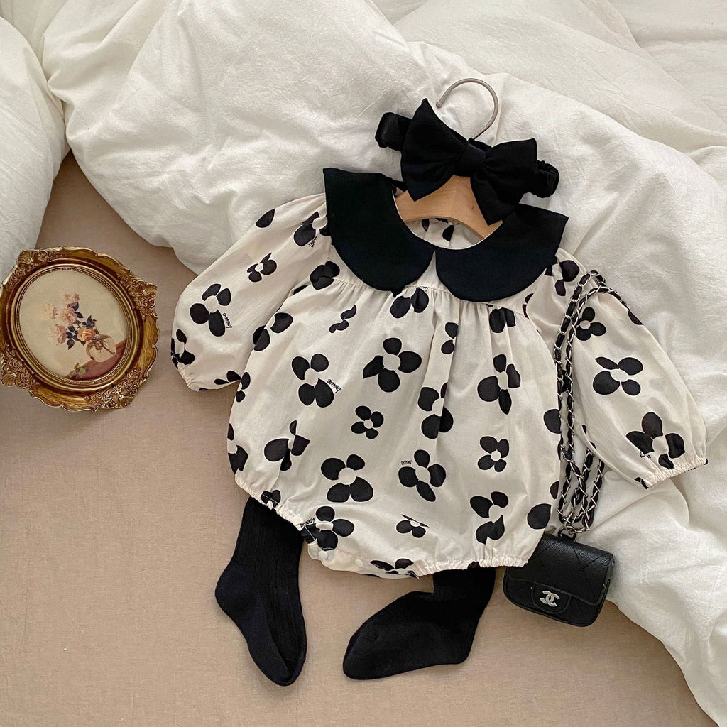 Baby girl floral princess bodysuit in apricot cotton with a doll neckline and long sleeves