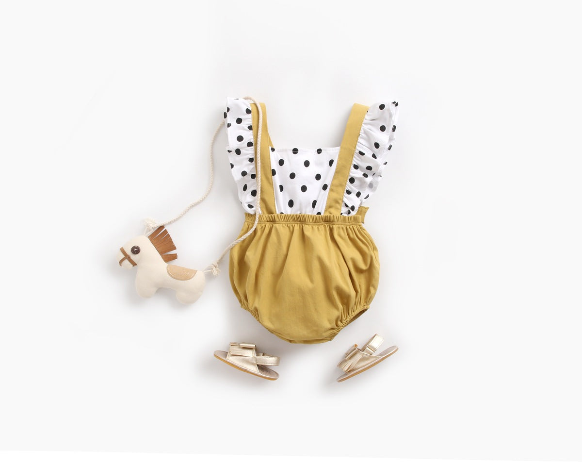 Yellow polka dot baby girl bodysuit with fly sleeves and back straps in soft cotton