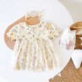 Baby girl floral bodysuit dress in apricot with delicate lace patchwork and vintage doll-neck collar