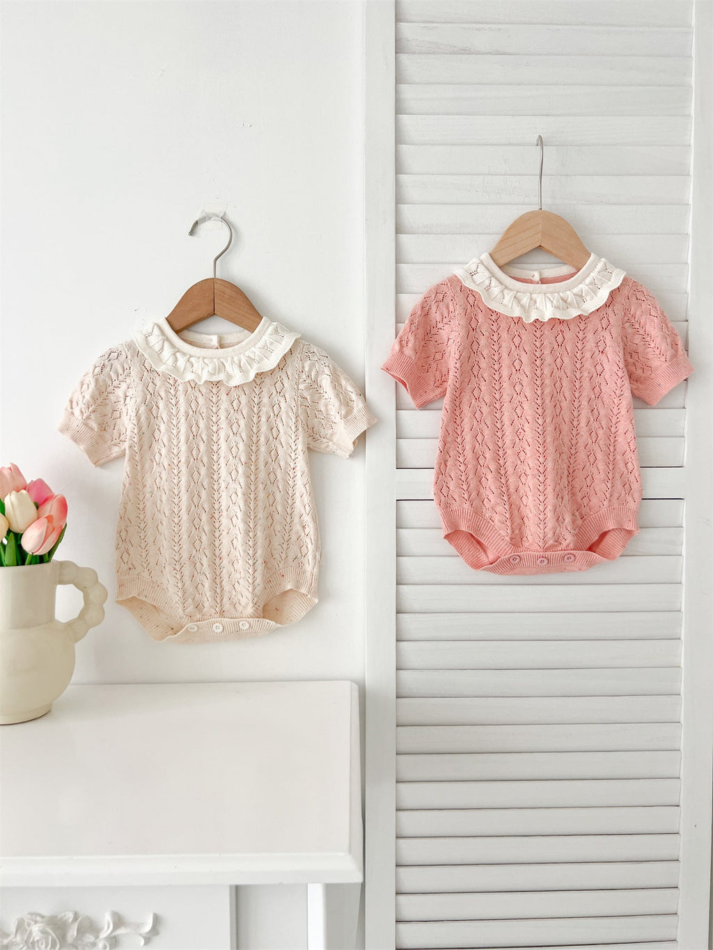 Arrival Summer Baby Kids Girls Knitted Ruffled Collar Hollow Out Short Sleeves bodysuit