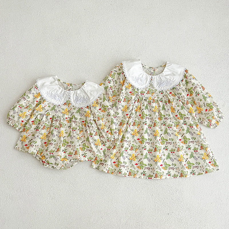 Floral doll neck dress bodysuit in soft cotton, white and yellow long sleeve baby girl outfit