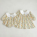 Floral doll neck dress bodysuit in soft cotton, white and yellow long sleeve baby girl outfit