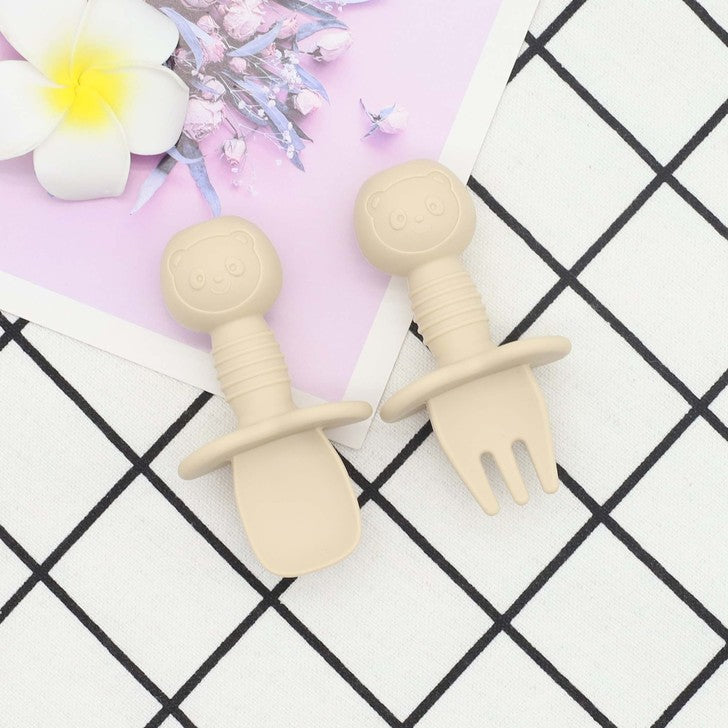 Colorful baby bear silicone spoon and fork training set designed for infant and toddler self-feeding — view 5