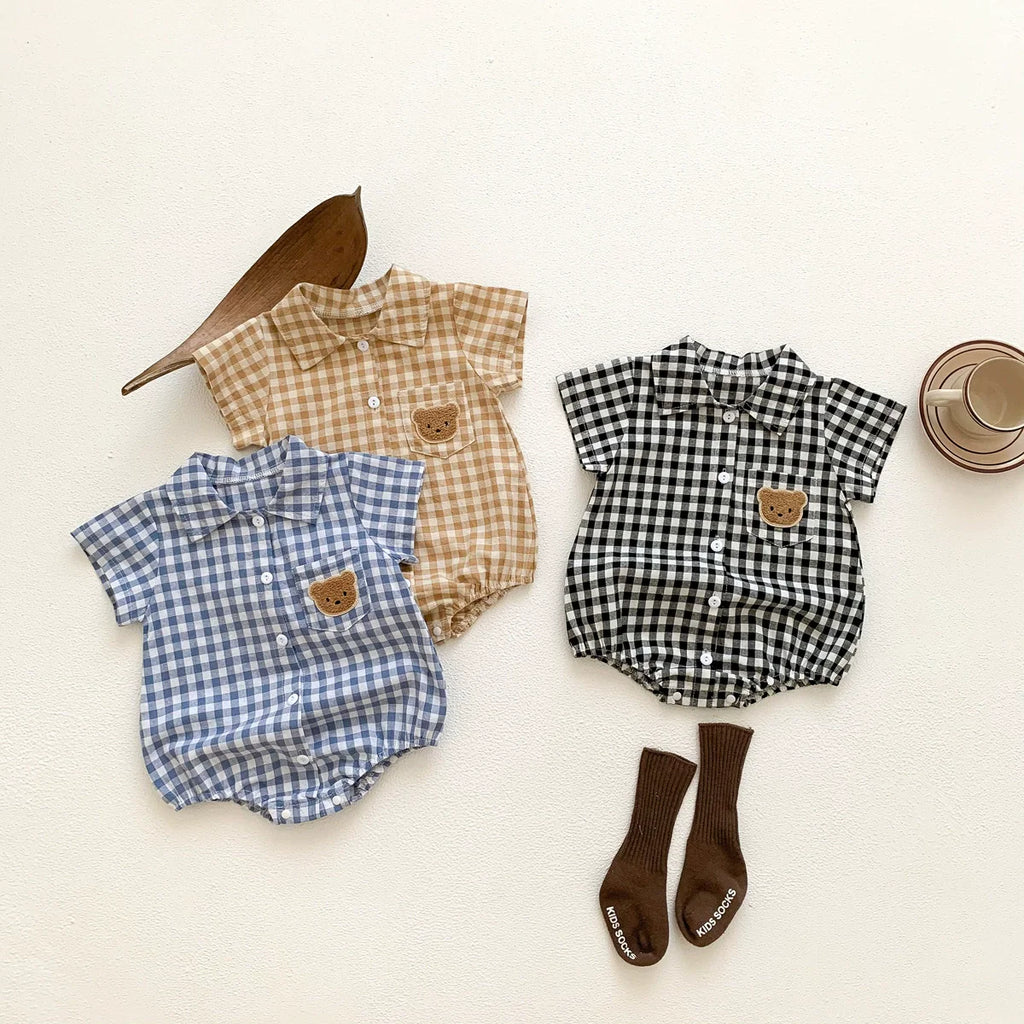 Baby boy plaid and teddy bear short sleeve cotton bodysuit with turn-down collar