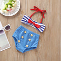 Baby girl striped swimwear set in blue cotton with belted top and matching shorts