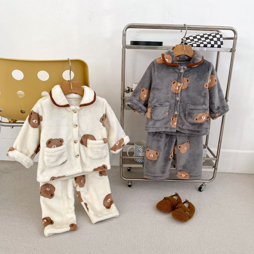 Fluffy warm boys winter pajama set with cute teddy bear pattern top and matching pants — view 3