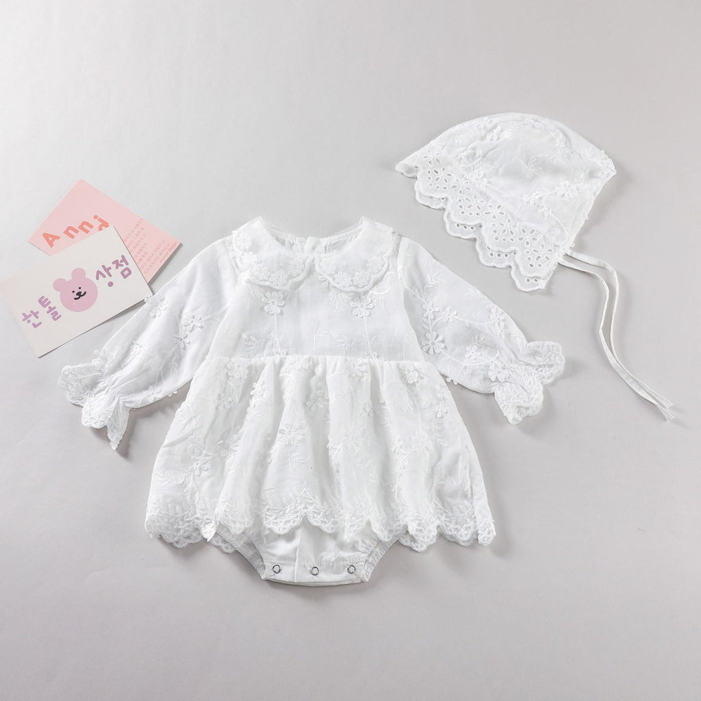 White baby girl bodysuit dress with floral embroidery, doll neck collar, and long sleeves in cotton