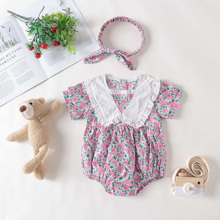 Purple floral print baby girl bodysuit with a delicate lace collar and short sleeves in cotton
